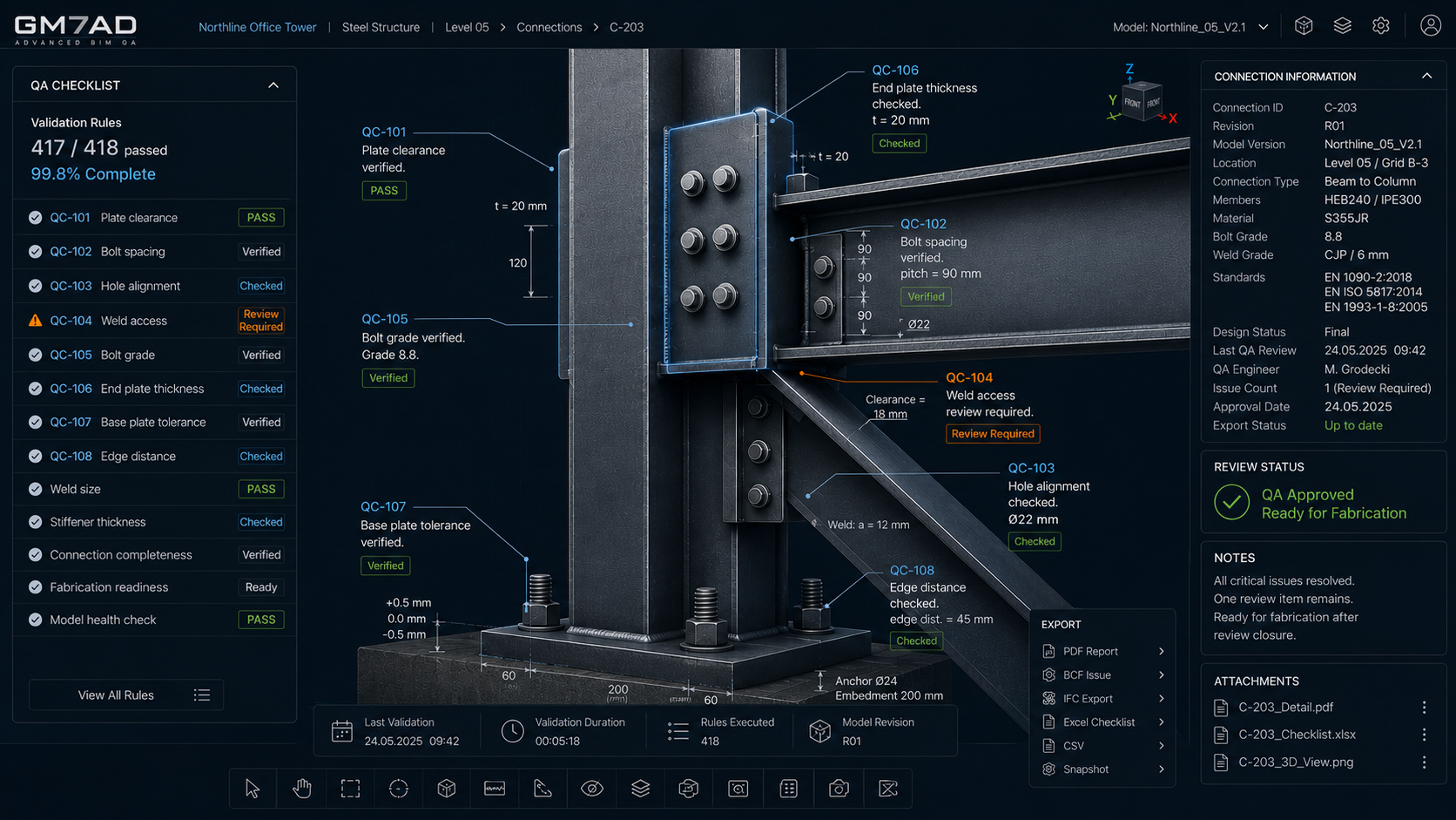 Steel connection detail under independent BIM quality assurance review showing bolts, plates and welds