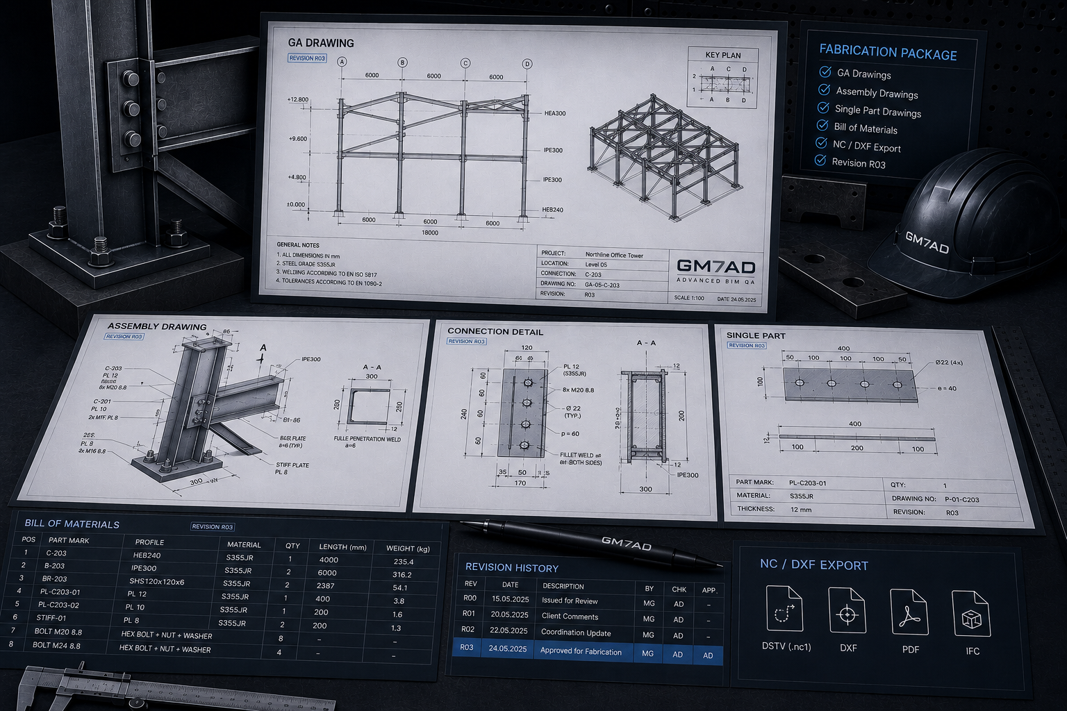 Fabrication-ready workshop documentation set with general arrangement, assembly and single-part drawings