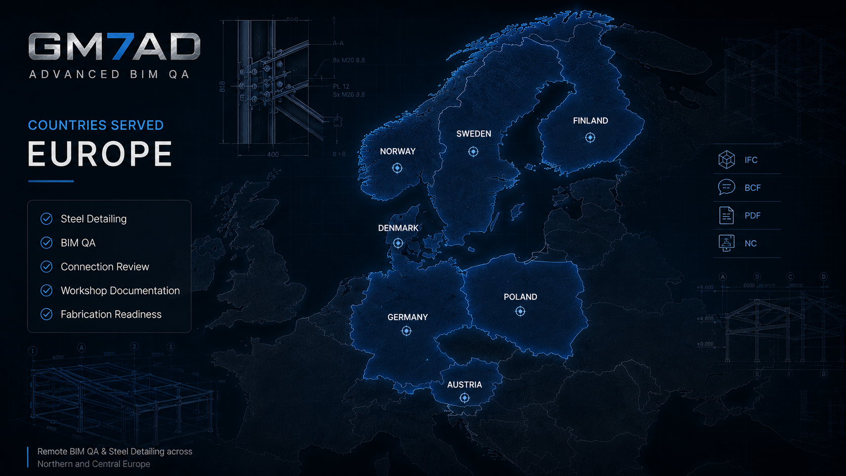 Map of Northern and Central European countries served by GM7AD remote steel engineering